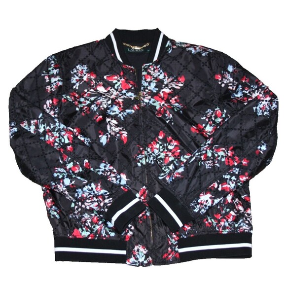 Lauren Ralph Lauren Women's Fall Floral Eyelet Print Bomber Black Jacket Size M - Picture 1 of 11